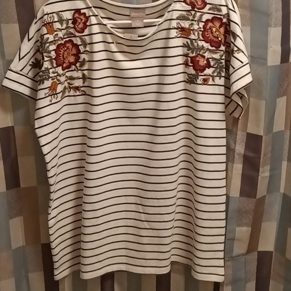 NWT CHICO'S black and white striped short sleeve embroidered blouse Size 2R - Picture 3 of 4